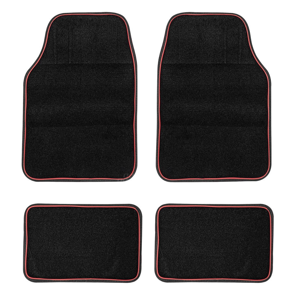 High-Quality Textile Car Mats 4pc With Red Trim Easy To Clean Black Universal Fit