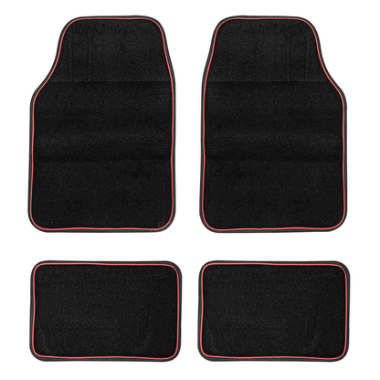 High-Quality Textile Car Mats 4pc With Red Trim Easy To Clean Black Universal Fit