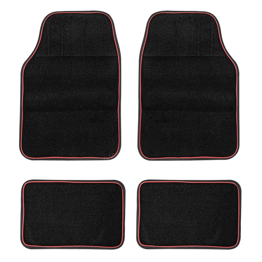High-Quality Textile Car Mats 4pc With Red Trim Easy To Clean Black Universal Fit