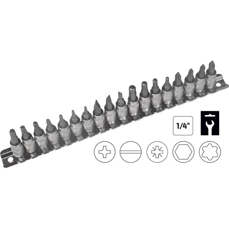 18 Piece Set Of 1/4" Bit Sockets Allen Key Philips Torx Pozi Straight On Rail-Sweeney Motor Factors