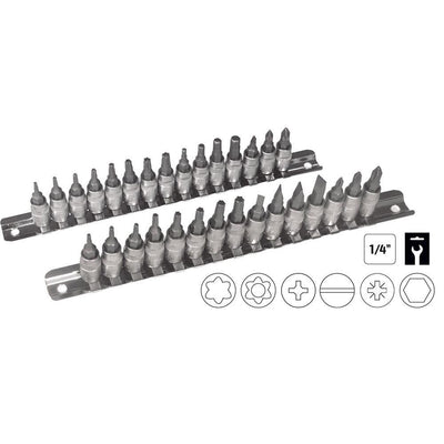 30 Piece 1/4" Bit Socket Set Allen Key Philips Torx Pozi Straight On Rail-Sweeney Motor Factors