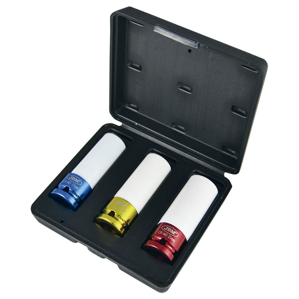 3PC Alloy Wheel Rim Damage Protector Impact Socket Set 17, 19, 21mm 1/2" Drive - Sweeney Motor Factors