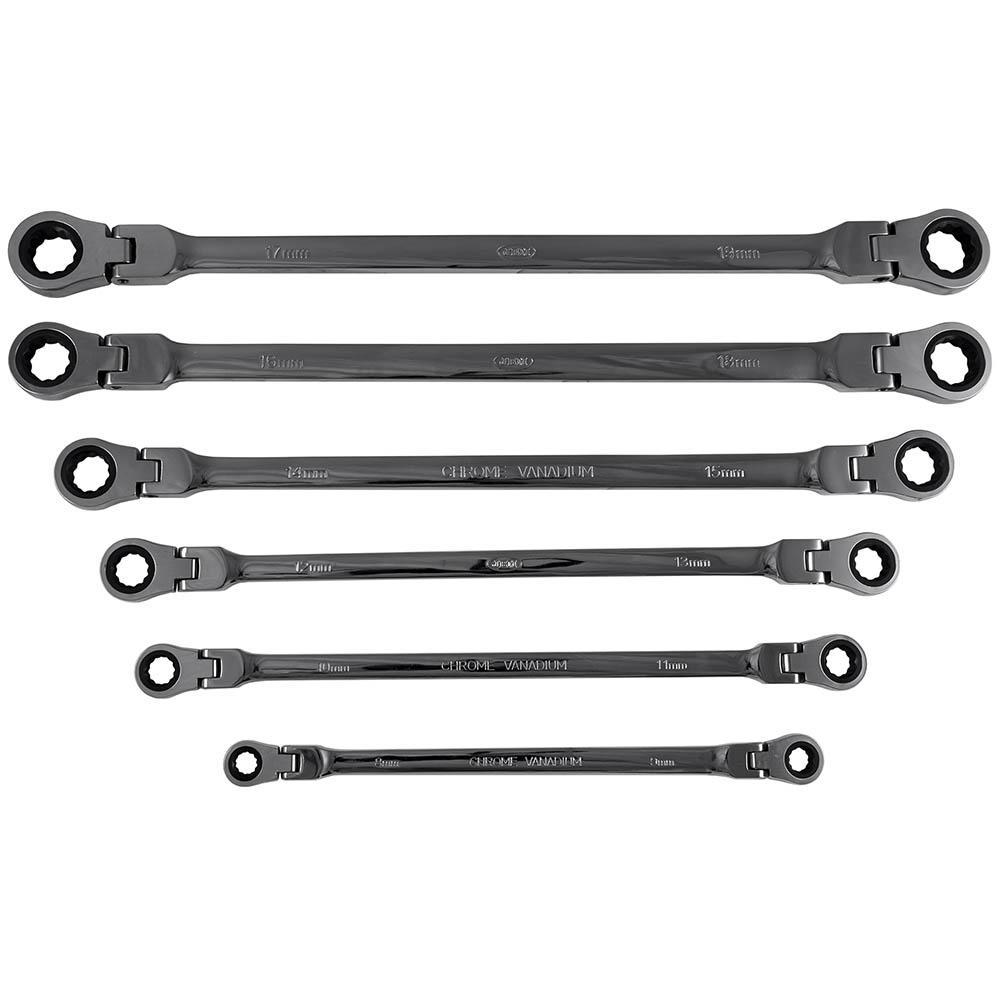 6 Piece Flexible Hinged Ratchet Wrench Spanner Set Double Ended Case 8mm To 19mm-Sweeney Motor Factors