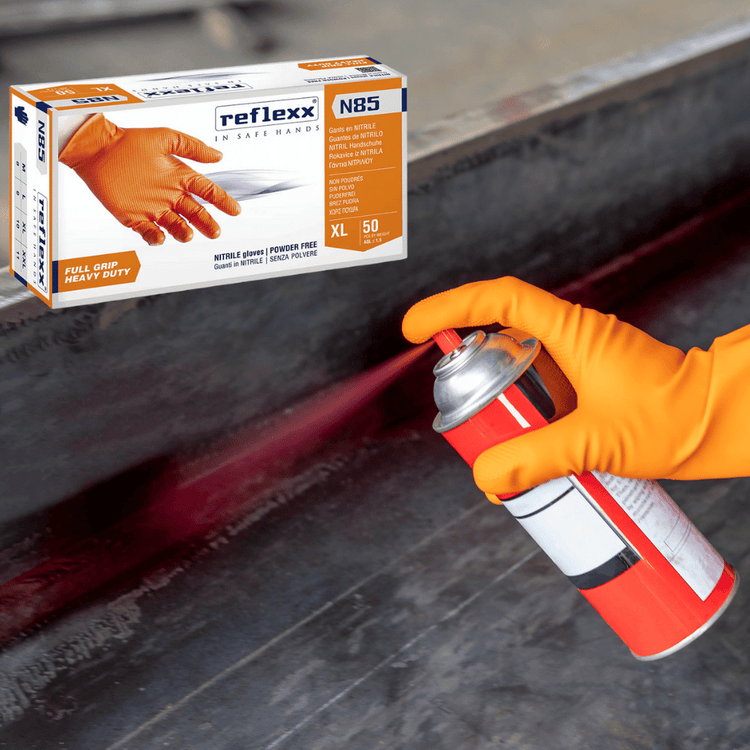 Reflexx N85 Powder-Free Orange Nitrile Gloves – Heavy-Duty, Full-Grip, and Chemical-Resistant PPE