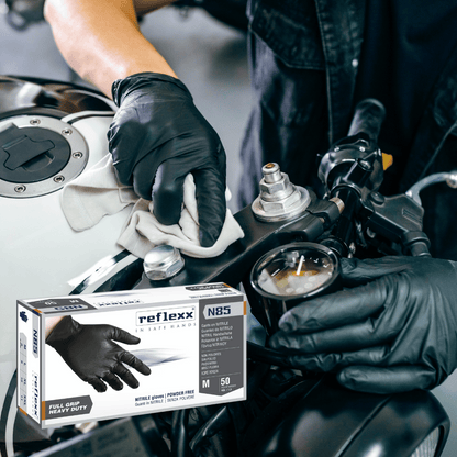 Reflexx N85 Powder-Free Black Nitrile Gloves – Heavy-Duty, Full-Grip, and Chemical-Resistant PPE