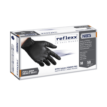 Reflexx N85 Powder-Free Black Nitrile Gloves – Heavy-Duty, Full-Grip, and Chemical-Resistant PPE