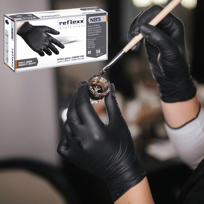 Reflexx N85 Powder-Free Black Nitrile Gloves – Heavy-Duty, Full-Grip, and Chemical-Resistant PPE