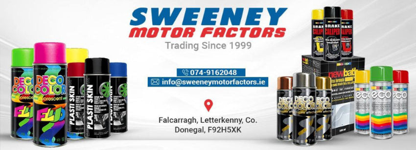 Sweeney Motor Factors advertisement with spray paint cans and branding elements.
