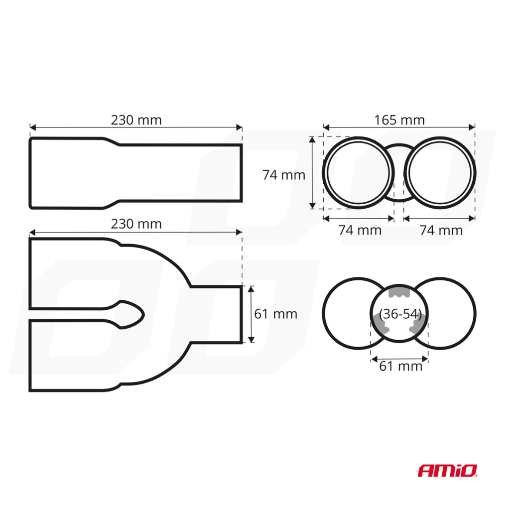 Exhaust tail pipe twin outlet chrome 36mm to 54mm mount