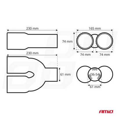 Exhaust tail pipe twin outlet chrome 36mm to 54mm mount