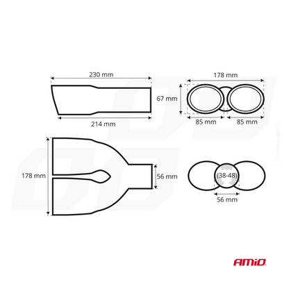 Exhaust tail pipe twin outlet chrome 38mm to 48mm mount
