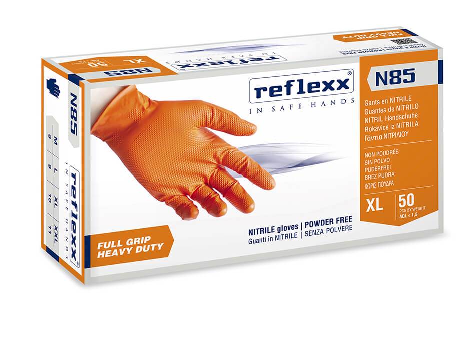 Reflexx N85 Powder-Free Orange Nitrile Gloves – Heavy-Duty, Full-Grip, and Chemical-Resistant PPE